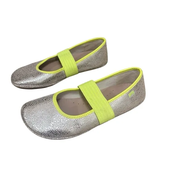 Camper Girls Right Ballerina Leather Flat Shoes Silver Neon Yellow Size 35 (US3)