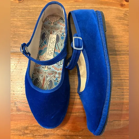 Cayumas Women’s Boheme Bluette Mary Jane Shoes Size 38 Blue Velvet Flat Like New