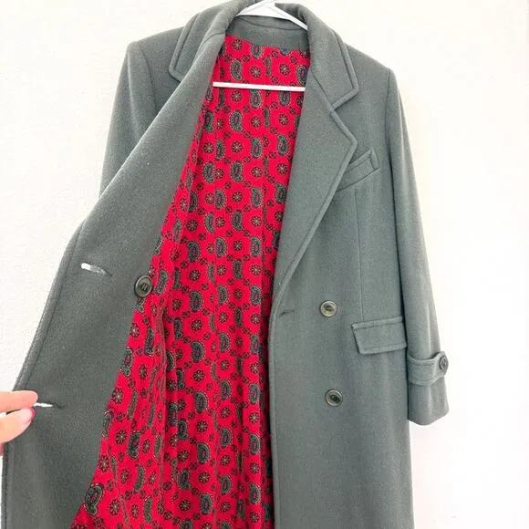 CENTRAL PARK Wool Coat Deep Green Double Breasted Paisley Lining Long VTG