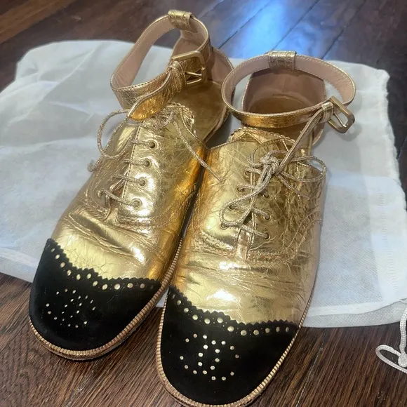 Chanel Vintage Gold and Black Women's Ankle Strap Shoes, Size IT 38.5