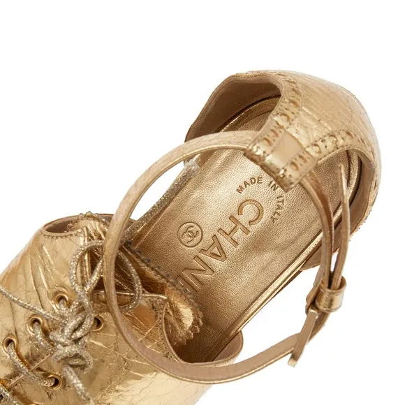 Chanel Vintage Gold and Black Women's Ankle Strap Shoes, Size IT 38.5