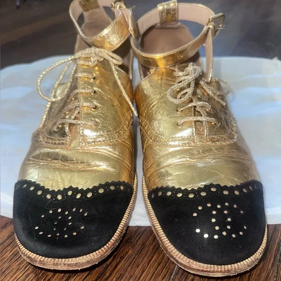 Chanel Vintage Gold and Black Women's Ankle Strap Shoes, Size IT 38.5