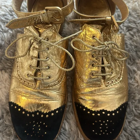 Chanel Vintage Gold and Black Women's Ankle Strap Shoes, Size IT 38.5