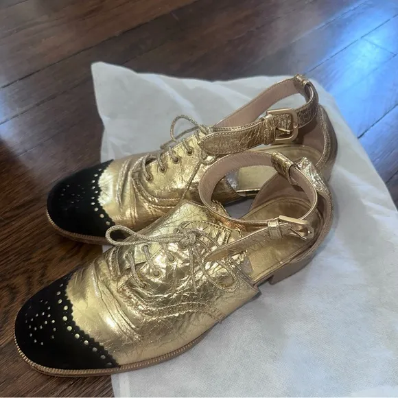 Chanel Vintage Gold and Black Women's Ankle Strap Shoes, Size IT 38.5