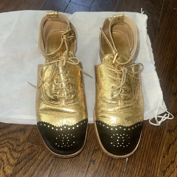 Chanel Vintage Gold and Black Women's Ankle Strap Shoes, Size IT 38.5