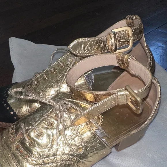 Chanel Vintage Gold and Black Women's Ankle Strap Shoes, Size IT 38.5