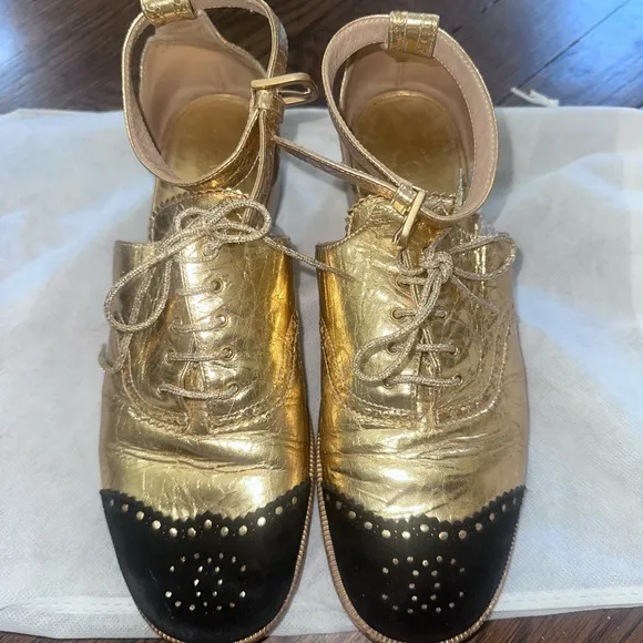 Chanel Vintage Gold and Black Women's Ankle Strap Shoes, Size IT 38.5
