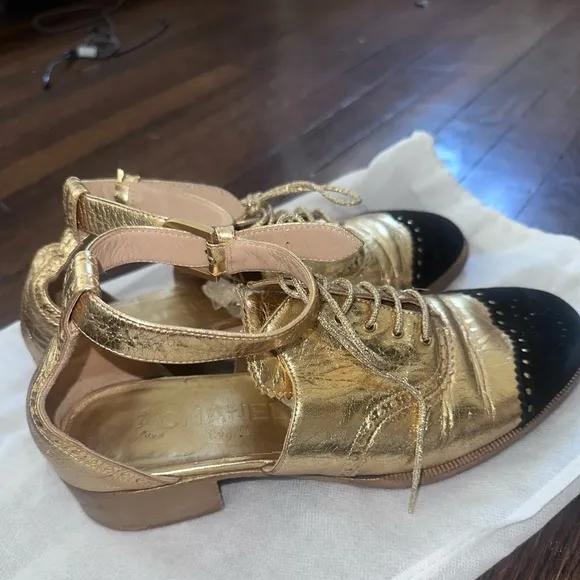 Chanel Vintage Gold and Black Women's Ankle Strap Shoes, Size IT 38.5