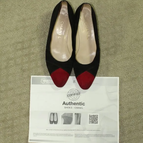 Chanel Women's Size 9 Suede Black Body Red Cap Toe Low 1.75&quot; Block Heels