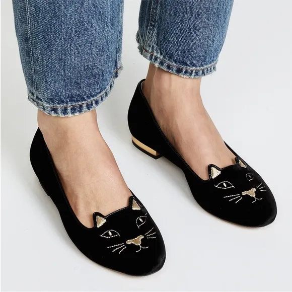 Charlotte Olympia Black Kitty Cat Flat Shoes size 39 (9US)