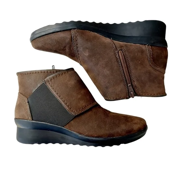 Clarks Caddell Rush Boot Size 6 Brown Leather Low Wedge Distress Comfy Botties