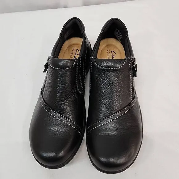 Clarks Size 7 Womens Carleigh Ray Slip-On Shoe Black Leather Comfort New