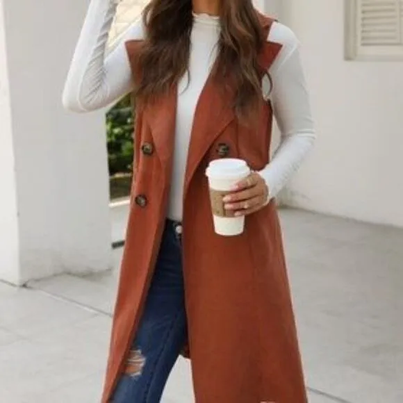 Classic Burnt Orange Long Vest Coat Pocket Jacket