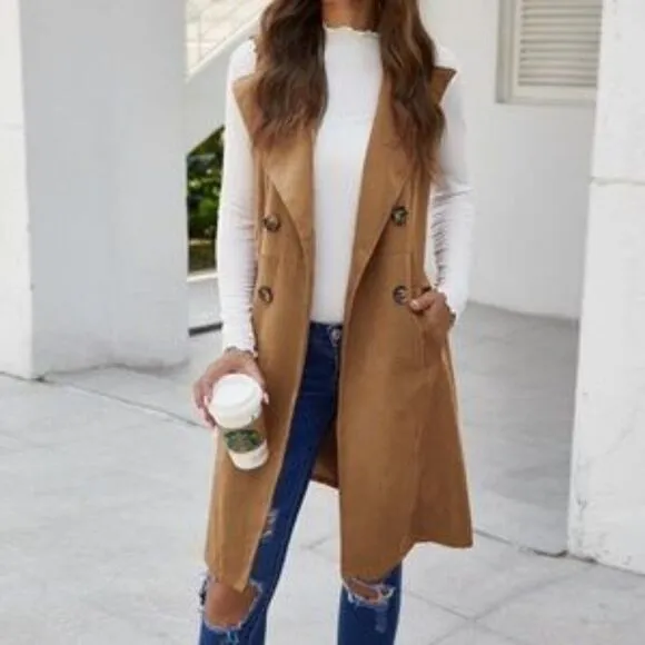 Classic Burnt Orange Long Vest Coat Pocket Jacket