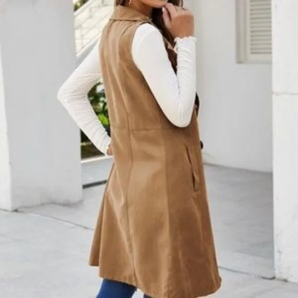 Classic Burnt Orange Long Vest Coat Pocket Jacket