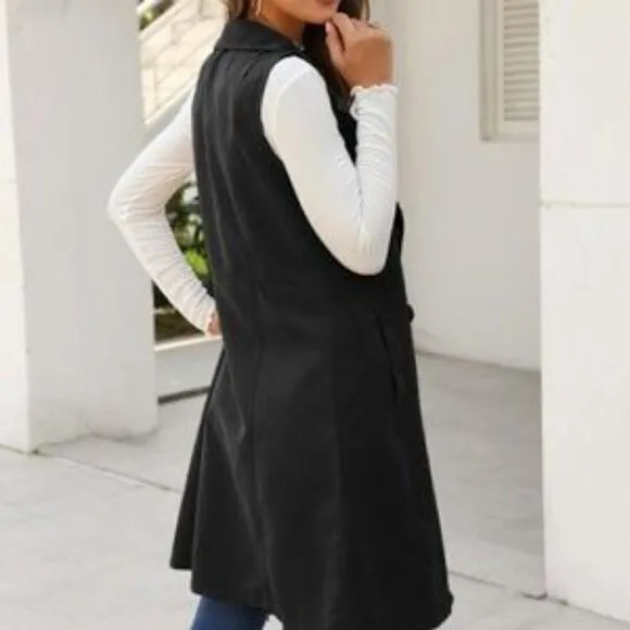 Classic Burnt Orange Long Vest Coat Pocket Jacket
