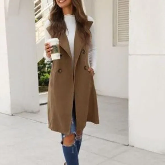 Classic Burnt Orange Long Vest Coat Pocket Jacket