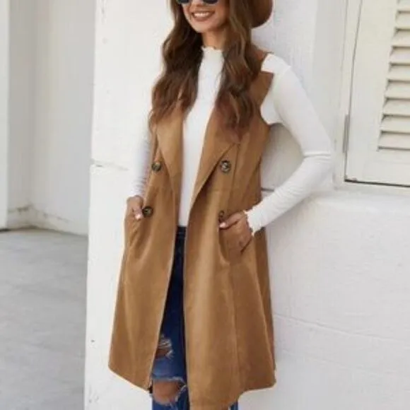 Classic Burnt Orange Long Vest Coat Pocket Jacket