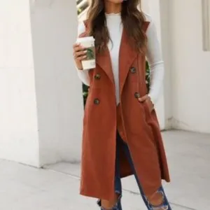 Classic Burnt Orange Long Vest Coat Pocket Jacket