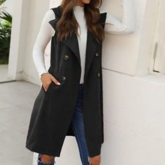 Classic Burnt Orange Long Vest Coat Pocket Jacket