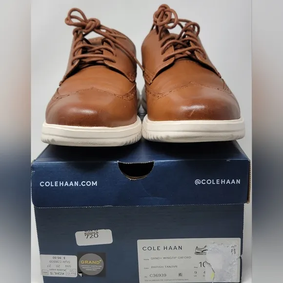 Cole Haan Grand Shoes Men Size 10 Wingtip Oxford British Tan C36939 Pre-owned