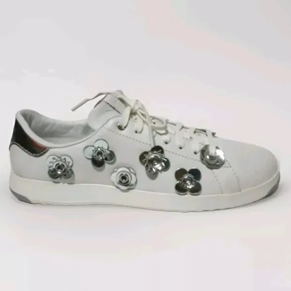 Cole Haan Women's White Leather Grandpro Floral Applique Tennis Sneakers US 9