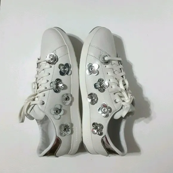Cole Haan Women's White Leather Grandpro Floral Applique Tennis Sneakers US 9