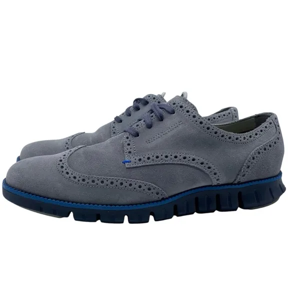 Cole Haan Zerogrand Mens Oxford Shoes Sz 10.5 Blue Gray Suede Wingtip Brogue