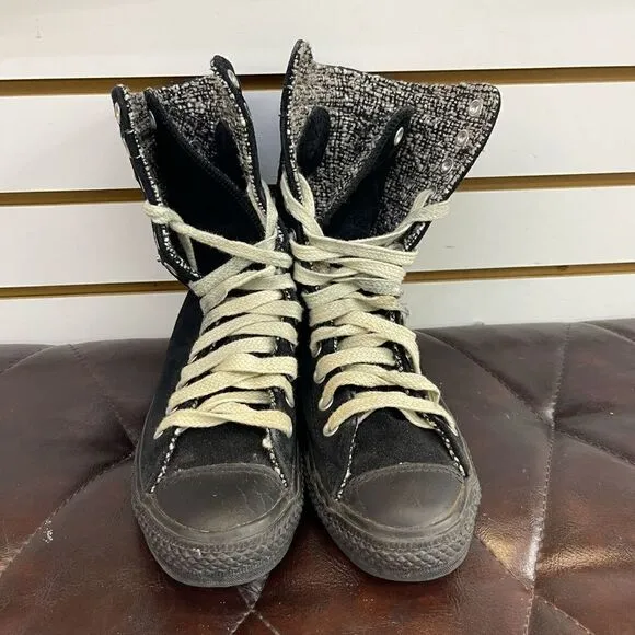 Converse Chuck Taylor All Star Hi Black Suede Tweed Fold Down Size Women’s 6.5
