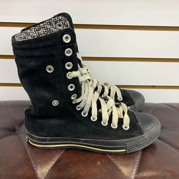 Converse Chuck Taylor All Star Hi Black Suede Tweed Fold Down Size Women’s 6.5