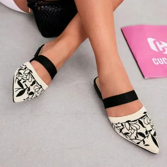 COPY - Woman Shoes Floral Embroidered Point Toe Flat Mules For Summer Vacation …