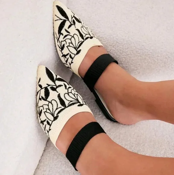 COPY - Woman Shoes Floral Embroidered Point Toe Flat Mules For Summer Vacation …