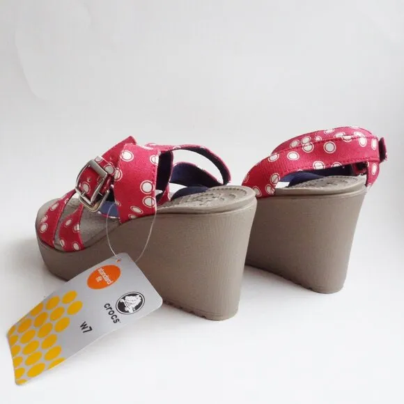 Crocs LEIGH Graphic Wedge Sandal Ankle Strap Sz 7 NWT Red &amp; White Polka Dot