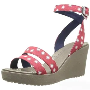 Crocs LEIGH Graphic Wedge Sandal Ankle Strap Sz 7 NWT Red &amp; White Polka Dot