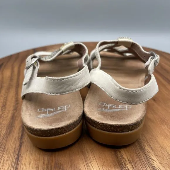 Dansko Womens Reeta Sandal Size 7.5 / 38 White Leather Beaded Flat Cork Insole