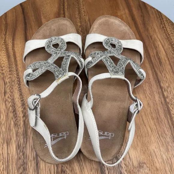 Dansko Womens Reeta Sandal Size 7.5 / 38 White Leather Beaded Flat Cork Insole