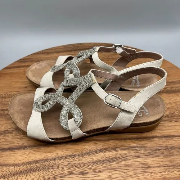 Dansko Womens Reeta Sandal Size 7.5 / 38 White Leather Beaded Flat Cork Insole
