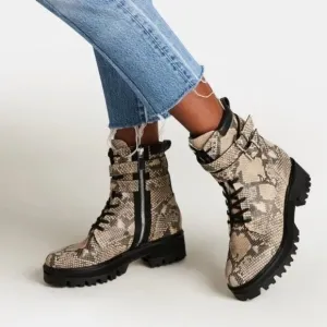 Dolce Vita Paline Snake Black and Gray Print Combat Boots Size 8.5