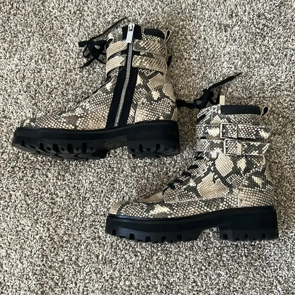 Dolce Vita Paline Snake Black and Gray Print Combat Boots Size 8.5