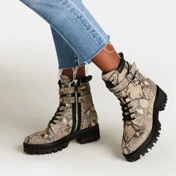 Dolce Vita Paline Snake Black and Gray Print Combat Boots Size 8.5