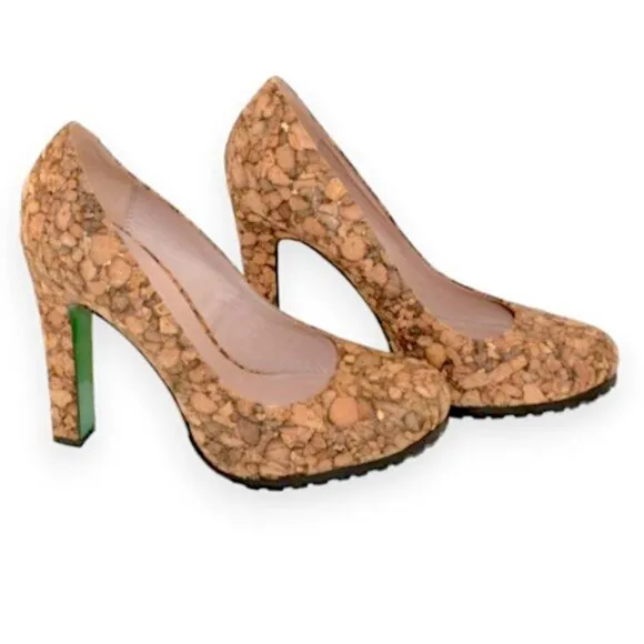 Donald Pliner Neutral Tan Brown Beige Cork Green Leather Soles High Heels 8.5