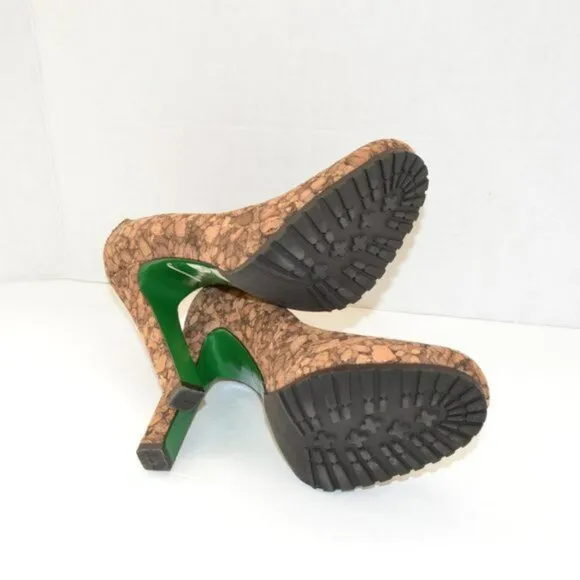Donald Pliner Neutral Tan Brown Beige Cork Green Leather Soles High Heels 8.5