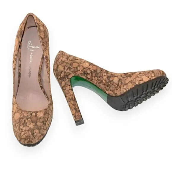 Donald Pliner Neutral Tan Brown Beige Cork Green Leather Soles High Heels 8.5