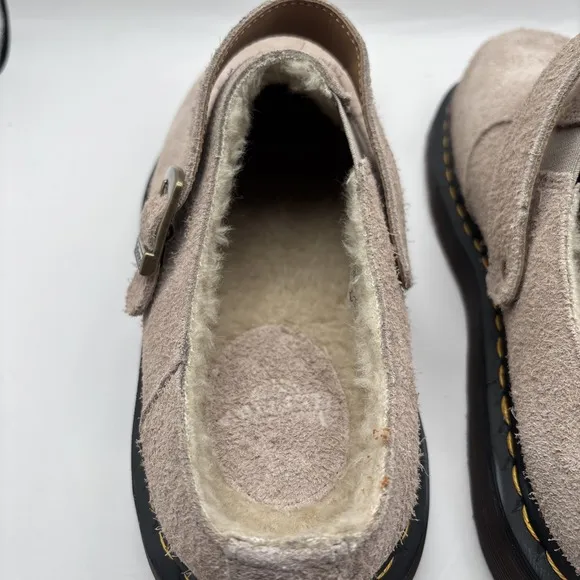 Dr Martens Isham Clogs Taupe Long Napped Suede Buckle Fur Lined - Size 11 Men's