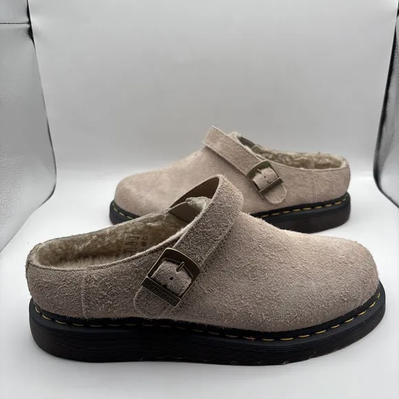Dr Martens Isham Clogs Taupe Long Napped Suede Buckle Fur Lined - Size 11 Men's