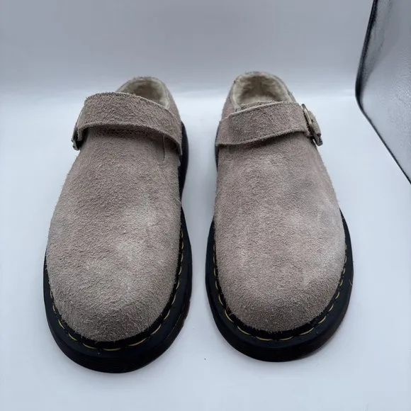 Dr Martens Isham Clogs Taupe Long Napped Suede Buckle Fur Lined - Size 11 Men's
