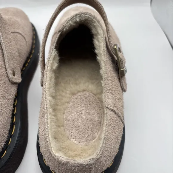 Dr Martens Isham Clogs Taupe Long Napped Suede Buckle Fur Lined - Size 11 Men's