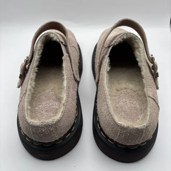 Dr Martens Isham Clogs Taupe Long Napped Suede Buckle Fur Lined - Size 11 Men's