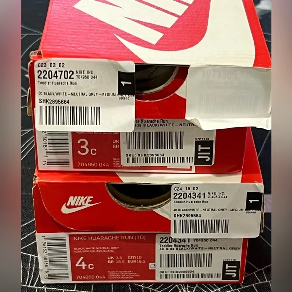 DS NIKE TODDLER AIR HUARACHE RUN BLK/WHITE-NEUTRAL GREY-MEDIUM-GREY TD SZ 3c 4c