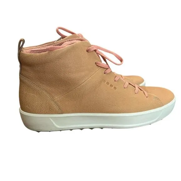 Ecco Ladies Golf Soft High-top Hydromax Spikeless Leather Shoes Tan Size 41/10
